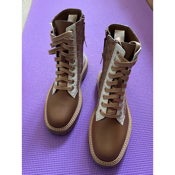 $1196 Jimmy Choo Boots 36.5 Cora Ankle Leather Combar Boots Brown Monogram NEW - Picture 1 of 8
